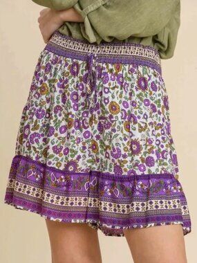 Umgee The Angela Purple Border Print Floral Swing Shorts Size Large Relaxed Fit